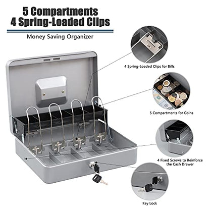 KYODOLED Locking Cash Box with Lock,Money Box with Cash Tray,Lock Safe Box with Key Money Saver,Money Saving Organizer,11.81Lx 9.45Wx 3.54H Inches,Lightgrey XL Large - color: Lightgrey