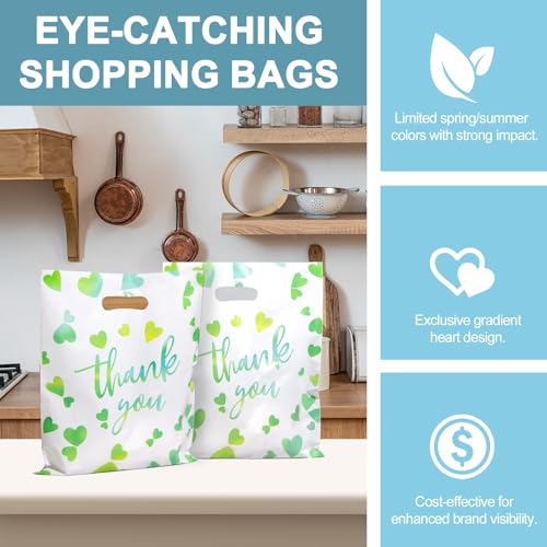 WAKAKO Bulk 50 Green Thank You Shopping Bags with Handles – Durable Plastic Retail Bags for Business Small, Boutique, Gifts, Merchandise (Small 12"x9") – Fits Accessories & Jewelry - size: 1 Count (Pack of 50)