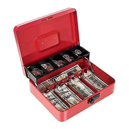 Cash Box with Money Tray and Combination Lock, Metal Money Box for Cash Register, Tiered Lock Box for Money 11.8" x 9.4" x 3.54" Red - color: Red with Combination Lock