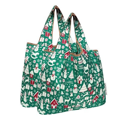 allydrew Medium Foldable Tote Nylon Reusable Grocery Bag (Set of 2) - color: Christmas Green
