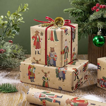WRAPAHOLIC Kraft Nutcracker Christmas Wrapping Paper - Mini Roll - 17 Inch x 16.5 Feet - Noble Nutcracker Wrapping Paper with Woodland Animals Design for Girls Boys Kids, Xmas Holiday, Winter Season - color: Kraft Noble Nutcracker