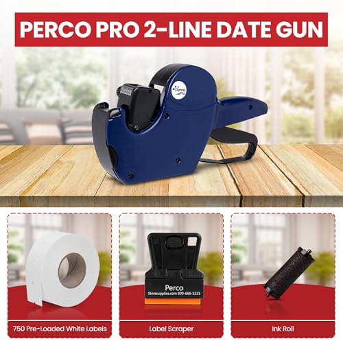 Perco Pro 2 Line Date Gun, Includes 16 Digits Date Gun Labeler, Pre-Loaded Roll of 750 White Labels and Ink Roll - style: 2 Line Date Gun