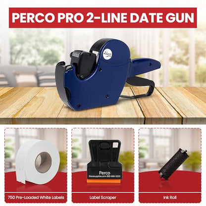 Perco Pro 2 Line Date Gun, Includes 16 Digits Date Gun Labeler, Pre-Loaded Roll of 750 White Labels and Ink Roll - style: 2 Line Date Gun