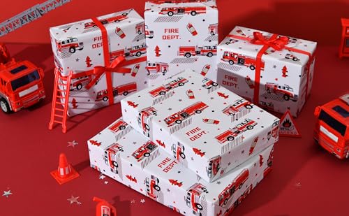Sikiweiter Fire Truck Wrapping Paper Roll – 17 Inches x 16.5 Feet, Red Fire Engine Print, Perfect for Kids’ Birthday Parties, Firefighter-Themed Gifts & Celebrations(Fire Fighting Truck) - color: Fire Fighting Truck