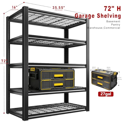 72H Storage Shelves Heavy Duty,2800 LBS Garage Storage Shelves,5-Tier Adjustable Metal Shelving,for Garage,Warehouse,Basement,Pantry,16"x35.5"x72" - size: 72" H x 36" W x 16.1" D