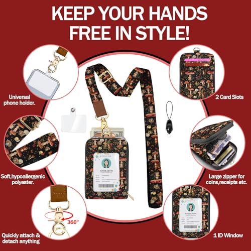 Daily Carry Roomy Leather Zipper Lanyard Wallet for Women, Adjustable Lanyard with ID Holder, RFID Badge Holder, Wristlet, 3 Clear Multiuse Card, 2 Key Ring, 1 Phone Strap for Teacher Office - color: Squirrel Mushroom