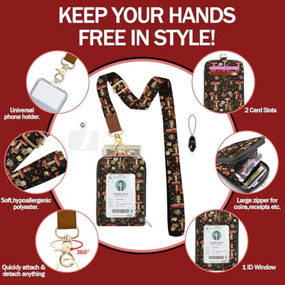Daily Carry Roomy Leather Zipper Lanyard Wallet for Women, Adjustable Lanyard with ID Holder, RFID Badge Holder, Wristlet, 3 Clear Multiuse Card, 2 Key Ring, 1 Phone Strap for Teacher Office - color: Squirrel Mushroom
