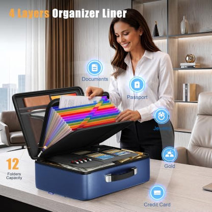 Fireproof Document Box, Hard Briefcase Fireproof Safe for Home Documents - color: Blue