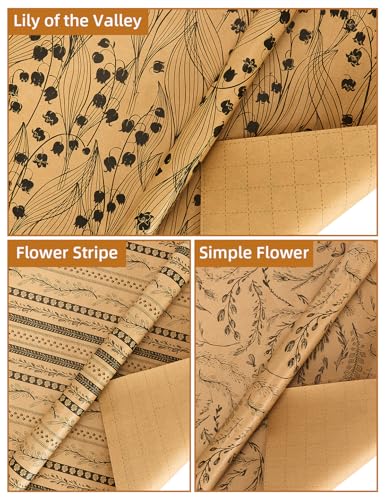 Kraft Floral Wrapping Paper- 3 Mini Rolls, 17 Inch x 9.8 Feet Each- 80gsm Gift Wrapping Paper with 33Ft Wrapping Twine, Grid Lines on Reverse- Perfect for Birthday Mother’s Day Wedding Christian Gifts - color: 3 Rolls Simple Floral