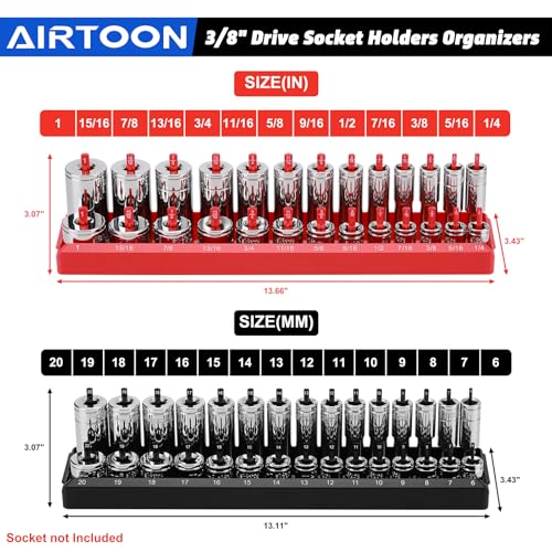 1/4-Inch & 3/8-Inch Drive Socket Organizer Trays, 4-Piece SAE and Metric Socket Tray Set, Deep and Standard Socket Holders Organizers for Toolbox, Black & Red - size: 1/4 & 3/8-Inch SAE and METRIC