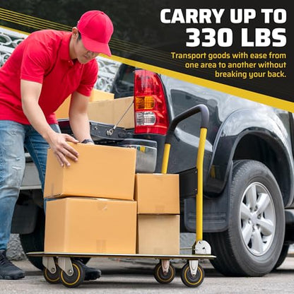 Heavy Duty Foldable Push Cart Dolly | 330 lbs. Capacity | Upgraded Collapsible Hand Truck Folding Platform with Swivel Wheels | Flat Bed Moving Wagon | Space Saving Push Handle (Yellow) - color: Yellow, 330 Lbs. Capacity