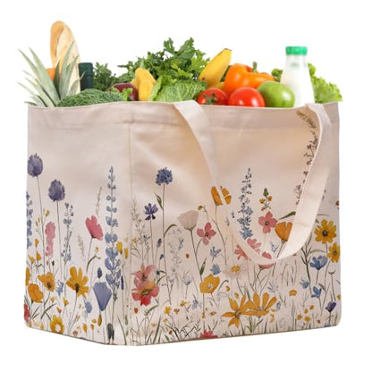 Aesthetic Canvas Reusable Grocery Bags Heavy Duty, 8.3 gal Foldable Large Tote Bag with Handles, Holds 60 lbs & Washable Eco-friendly Bags with 5 Pockets, Beige with a print 1 Bags（Wildflowers） - color: [A4] Flower, size: 1 Pack