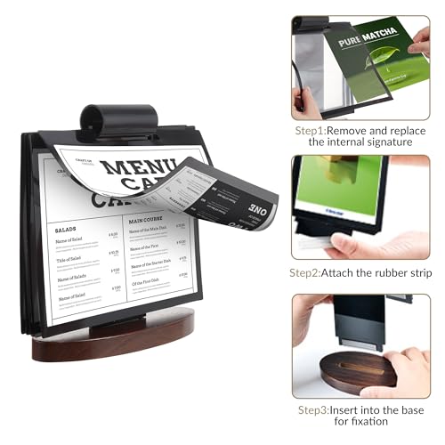 Garvee Show 15 Stand Tabletop Easel, 2 Pack A5 Horizontal Acrylic Flip Menu Sign Holder with Walnut Wood Base, Desktop Display Organizer for Restaurant Cafe Shop Office Menu Poster