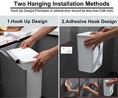 Sooyee Trash Can with Lid,2.4 Gallon Small Trash Can,Hanging or Standing Plastic Compost Bin for Cupboard/Bedroom/Office/Camping/Kitchen/Bathroom,Waste Basket,White