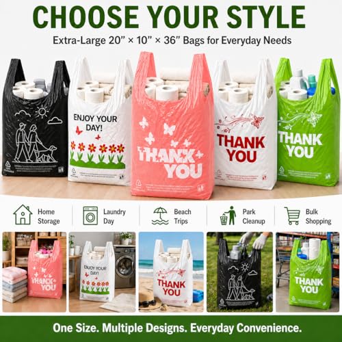 YoYoRain 50 Count White Oversized Thank You T-Shirt Bags, 20 x 10 x 36 in - color: White