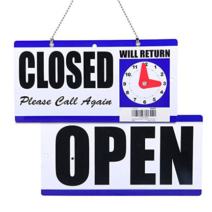 Eagle Open and Closed Sign, Plastic, with Hanging Chain, Dual Sides with “Will Return” Clock, 6X11.5-Inches