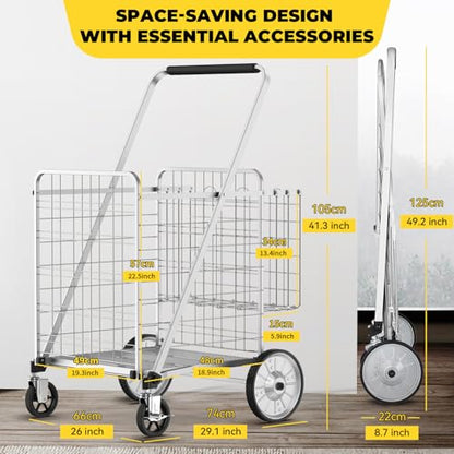 XINGLANG 5.7 Cu Ft Folding Shopping Cart - 600 LB Capacity Grocery Cart with 360° Braked Swivel Wheels - Heavy Duty Utility Cart with Double Basket & Removable Waterproof Liner with Lid for Laundry - color: Silver