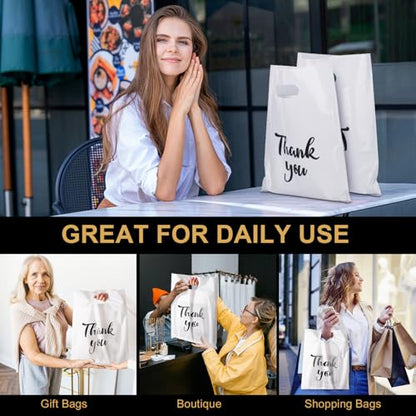 White Thank You Bags with Handles 100 Pack, 12 x 15 Inch 4.73 Mils Extra Thick Shopping Bags, Merchandise Retail Bags for Small Business Bulk (White)
