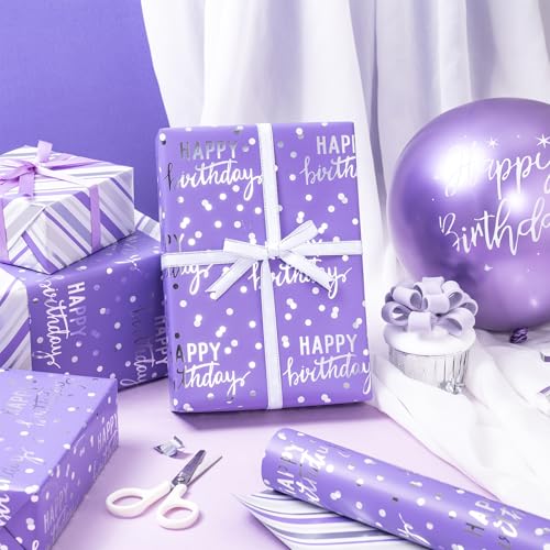 LeZakaa Purple Birthday Wrapping Paper Roll for Girls Women, Happy Birthday Lettering & Stripe Reversible, Metallic Foil, Large Roll, 30 inches x 32.8 Feet (92.9 sq.ft.) - color: Birthday - Purple, size: 30" X 32.8 ft