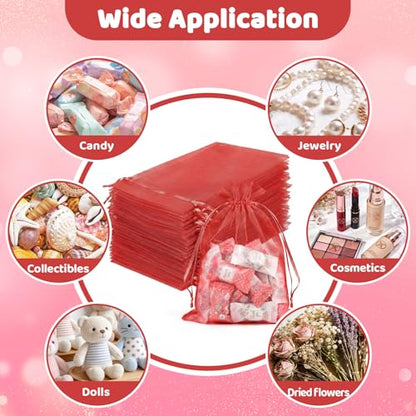 FUNFERY 100Pcs Red Organza Bags 5x7 in,Small Mesh Drawstring Gift Bag - color: Classic Red