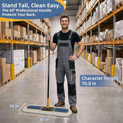 36" Commercial Dust Mop for Floor Cleaning, Heavy Duty Dry Dust Mop with 2 Mop Pads & 59" Long Handle, Professional Janitorial Floor Duster for Home, Garage, Hotel, School, Gym