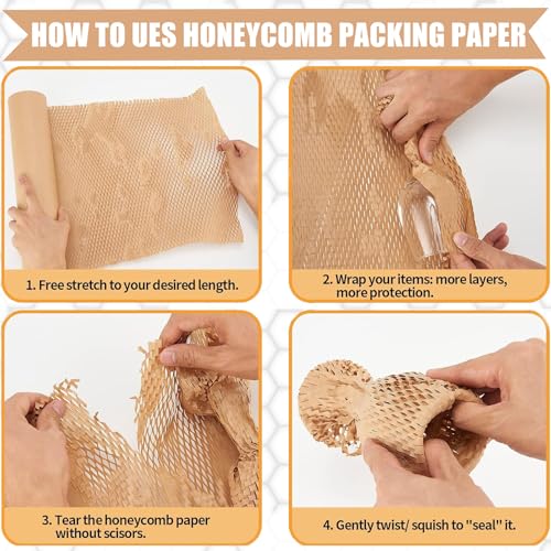 12 Inch x 230 Ft Honeycomb Kraft Packaging Paper Roll, Plastic Free Cushioning Packing Paper with Fragile Warning Labels, Recyclable Bubble Wrap Substitute for Household Moving & Business Shipping - color: Brown