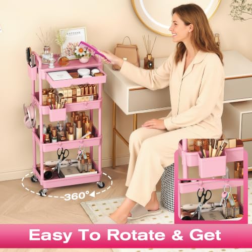 Goovilla Rolling Makeup Organizer Cart with Removable Drawer, 4 Tier Pink - color: Pink, size: 4 Tier