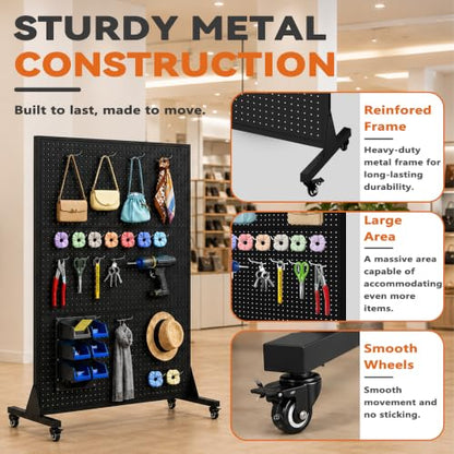 Royxen 70 x 44 Inch Metal Pegboard with 40 Hooks, Large Standing Pegboard Display with T-Base, Peg Board Display Stand with Wheels, Art Display Stand for Retail Stores Exhibitions Homes (Black) - color: Black