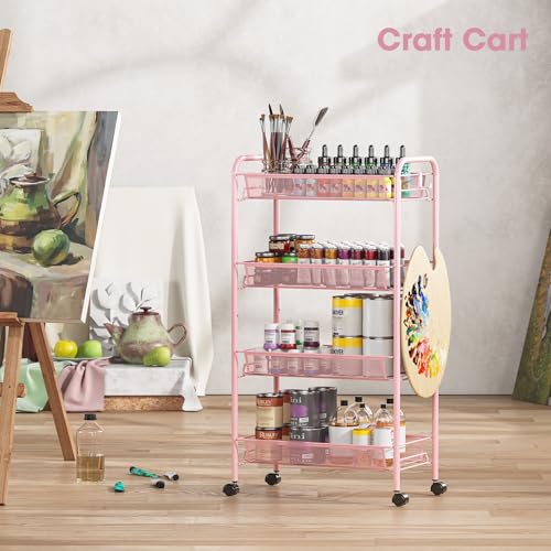 TOOLF 4 Tier Rolling Cart, Metal Utility Storage Cart with Wheels, Pink - color: Pink, size: 4-Tier
