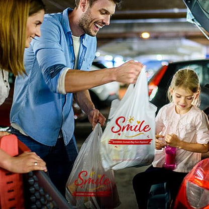 100 Pack White Smile Plastic Bag - 11.5"x6.5"x21" T-Shirt Grocery Bags with Handles, Cheerful Alternative to Thank You Bags, Bulk for Retail, Supermarkets & Small Business