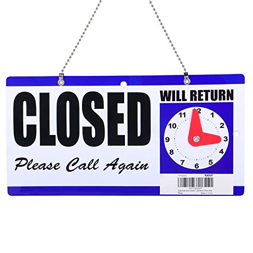 Eagle Open and Closed Sign, Plastic, with Hanging Chain, Dual Sides with “Will Return” Clock, 6X11.5-Inches