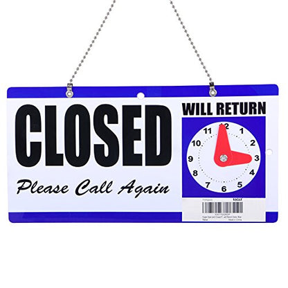 Eagle Open and Closed Sign, Plastic, with Hanging Chain, Dual Sides with “Will Return” Clock, 6X11.5-Inches