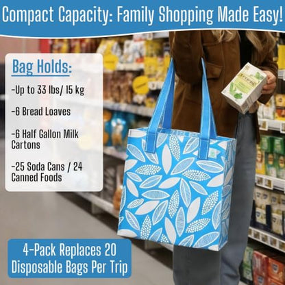 VENO 2/4 Pack Compact Reusable Grocery Shopping Bags with Hard Bottom - color: Spring Breeze - 4 Pack