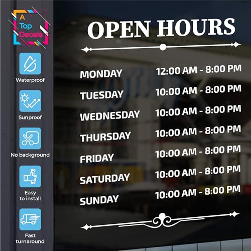 Custom Business Hours Window Decals, Open Hours Vinyl Door Sign for Office