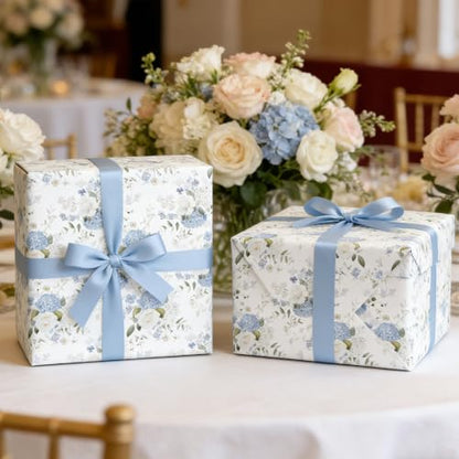 Cuitpan Reversible Floral Wrapping Paper Roll – Blue Hydrangea & White Rose, Light Blue on Back Side, Gift Wrap for Wedding, Bridal Shower, Anniversary, Mother's Day, Birthday, 17 Inches x 16.5 Feet - color: Floral-Blue