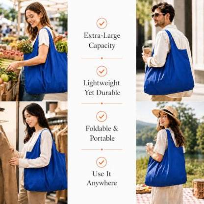 Reusable Grocery Bags 6 Pack, Foldable Shopping Bags with Pouch, Heavy Duty 50 LBS, Machine Washable Travel Totes - color: Navy Blue