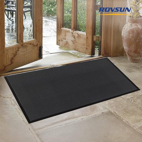 ROVSUN Front Door Mat Indoor Outdoor Entrance, Waterproof Heavy Duty Doormat, Stain and Fade Resistant, Low Profile, Easy Clean Welcome Floor Mats for Commercial Entry Patio Porch, 59"×35", Grey