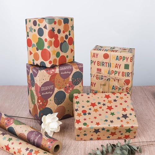 VOWOVOSDAY Birthday Wrapping Paper,Gift Wrapping Paper Roll,Kraft Wrapping Paper-17 inch X 33 Feet Per roll,Colorful Happy Birthday Pattern for Boys Girls,Baby Shower(10Happy Birthday) - color: Kraft Happy Birthday