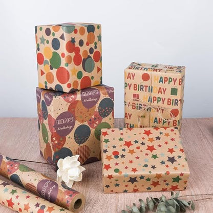 VOWOVOSDAY Birthday Wrapping Paper,Gift Wrapping Paper Roll,Kraft Wrapping Paper-17 inch X 33 Feet Per roll,Colorful Happy Birthday Pattern for Boys Girls,Baby Shower(10Happy Birthday) - color: Kraft Happy Birthday