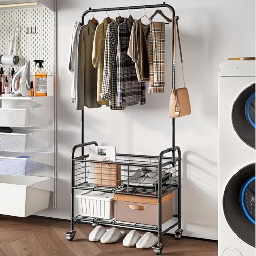 SUOERNUO Laundry Cart with Basket Hanging Rack Sorter with Wheels Shelf - color: Black
