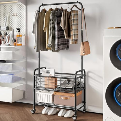 SUOERNUO Laundry Cart with Basket Hanging Rack Sorter with Wheels Shelf - color: Black