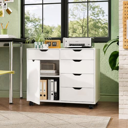 DEVAISE 5-Drawer Wood Office Cabinet, Craft Storage Cabinet, White - color: White - 3 Medium + 2 Small