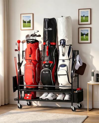 FHXZH Golf Bag Storage Garage Organizer - Golf Bag Stand with Wheels - color: Black - 3 Golf Bag Organizer
