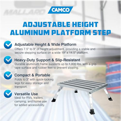 Camco Folding Aluminum Step Stool, Adjustable Height for RV and Trailers, Silver - Lightweight, Foldable, and Heavy-Duty Stepping Platform for Home and Camping - style: Adjustable Step