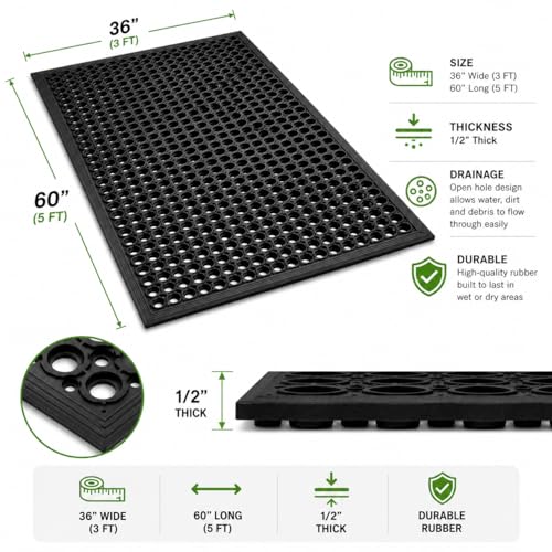 UNIMAT-Anti-Fatigue Outdoor Rubber Drainage with Non-Slip Backing Heavy Duty Mat for Restaurant Industrial Use-3'x 5' Black Mat-Ideal Bar Accessory