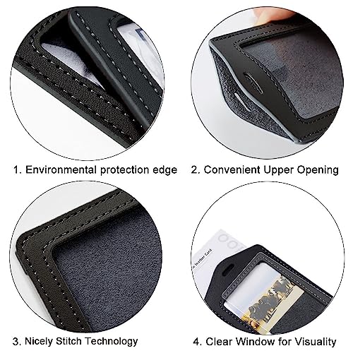 Larpur Pack of 2 Genuine Leather Badge Holders with 1 Clear ID Window, Vertical ID Card Holders for Work, School, Exhibition, Black - color: 1 Side Clear - Black Vertical