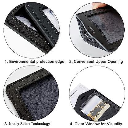Larpur Pack of 2 Genuine Leather Badge Holders with 1 Clear ID Window, Vertical ID Card Holders for Work, School, Exhibition, Black - color: 1 Side Clear - Black Vertical