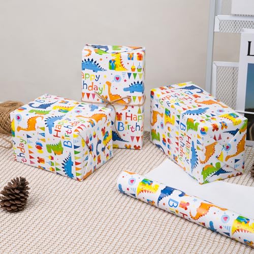 Dinosaur Happy Birthday Gift Wrapping Paper Boy Roll - 17 inch X 50 Feet - color: Dinosaur