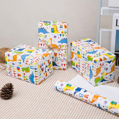 Dinosaur Happy Birthday Gift Wrapping Paper Boy Roll - 17 inch X 50 Feet - color: Dinosaur
