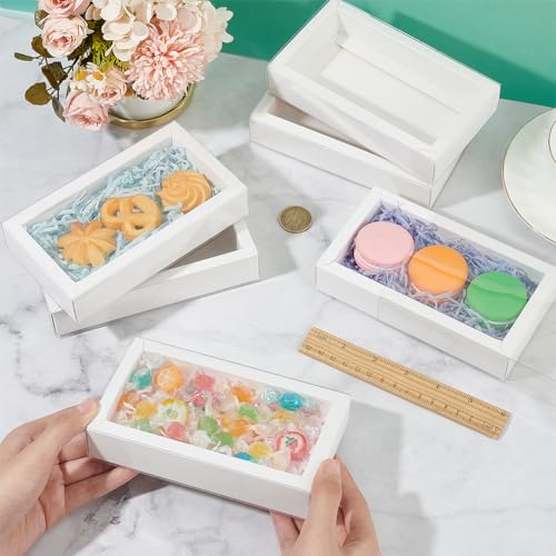 NBEADS 12 Pcs Rectangle Drawer Kraft Boxes, 5.5x2.7x1.26 Inch Gift Packaging Case Foldable Paper Drawer Boxes with Clear Plastic Cover for Party Favor Treats Candy and Jewelry Crafts, White - color: White